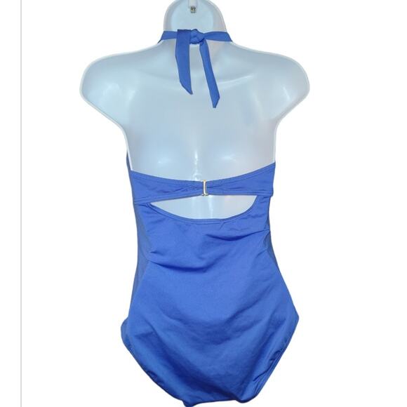 NWOT Boston Proper One-Piece Halter Swimsuit Underwire Cutout Back Size 8 Blue - Picture 2 of 12
